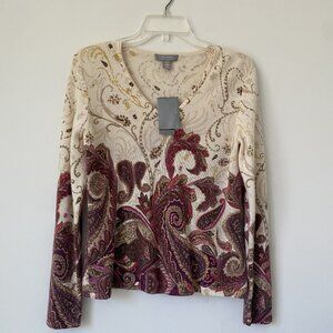 Charter Club Cashmere Sweater Paisley Print V-Neck Sweater 2 Pl NWT